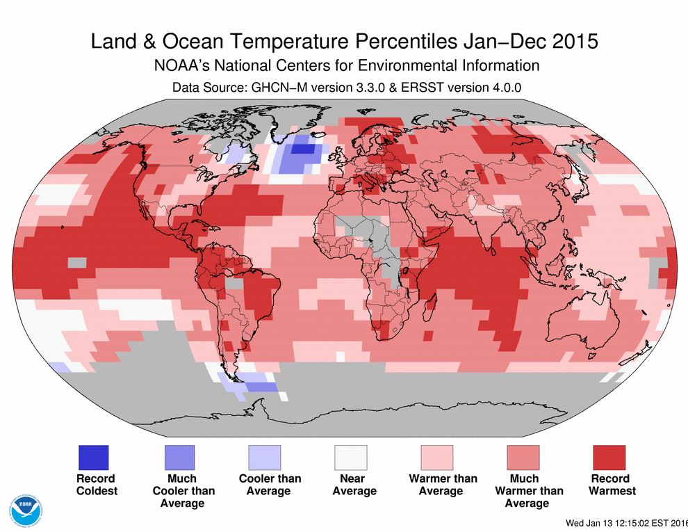 2015 land and ocean temperature percentiles.  Image credit: NOAA
